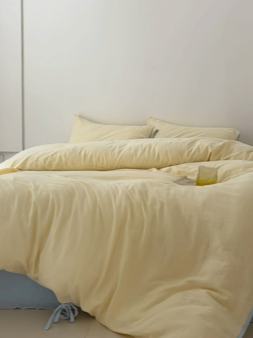 91家纺网 家纺一手货源 找家纺 FORTWO家纺原创设计（FOR TWO家纺） 2025新款双层纱撞色包边蝴蝶结款四件套-海盐 海盐-香草黄