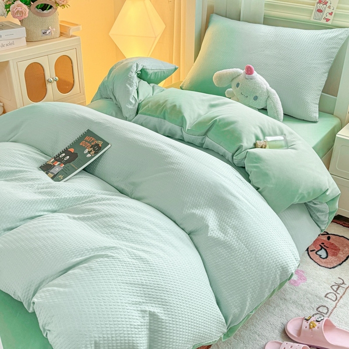 91家纺网 家纺一手货源 找家纺 麒东家纺 2025新款圆豆纱华夫格学生三件套 绿色