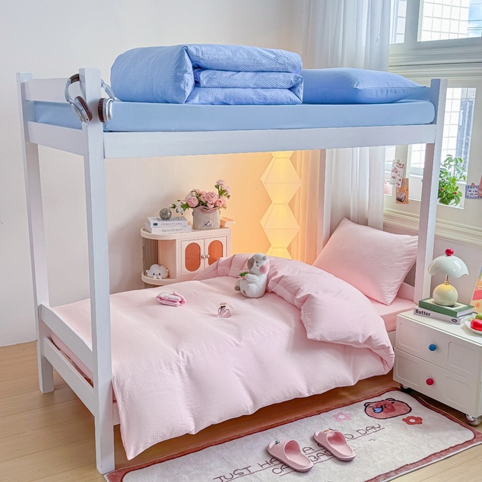 91家纺网 家纺一手货源 找家纺 麒东家纺 2025新款圆豆纱华夫格学生三件套 粉色