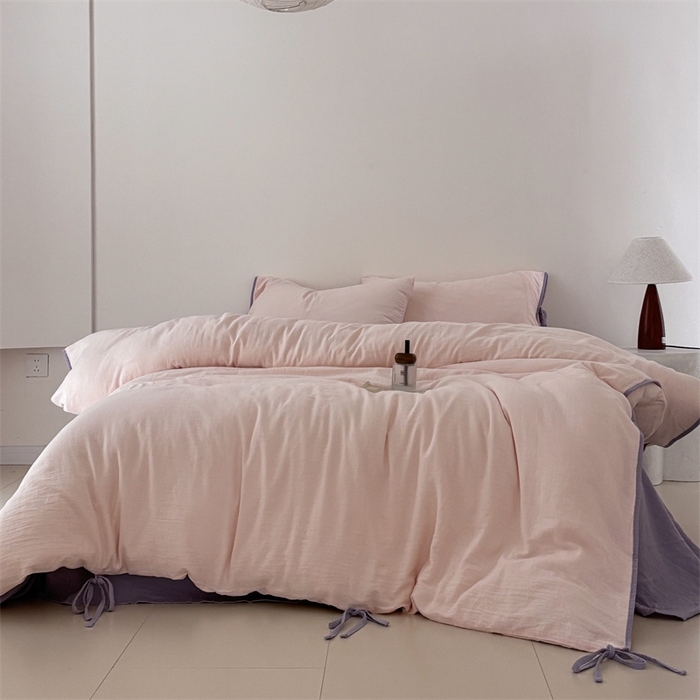 91家纺网 家纺一手货源 找家纺 FORTWO家纺原创设计（FOR TWO家纺） 2025新款双层纱撞色包边蝴蝶结款四件套-海盐 海盐-竹桃粉