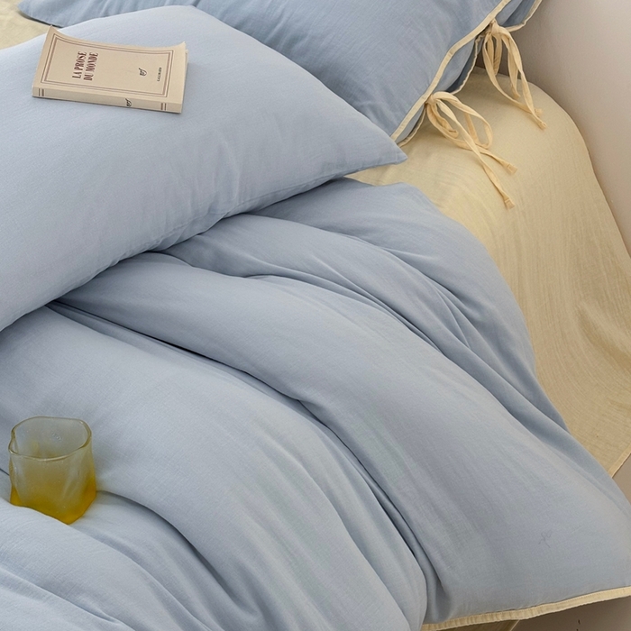 91家纺网 家纺一手货源 找家纺 （总）FORTWO家纺原创设计（FOR TWO家纺） 2025新款双层纱撞色包边蝴蝶结款四件套-海盐