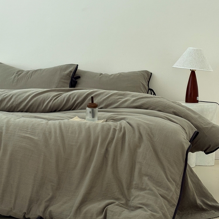 91家纺网 家纺一手货源 找家纺 FORTWO家纺原创设计（FOR TWO家纺） 2025新款双层纱撞色包边蝴蝶结款四件套-海盐 海盐-青石绿