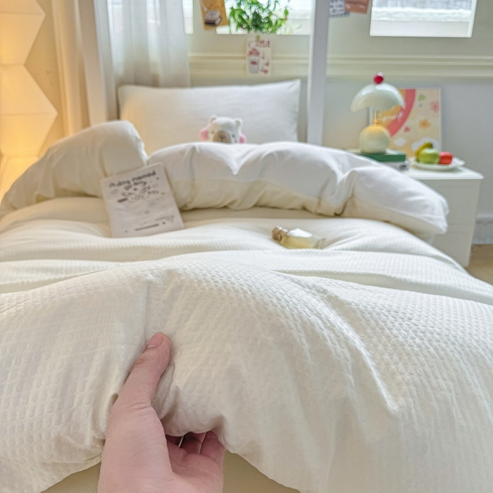 91家纺网 家纺一手货源 找家纺 麒东家纺 2025新款圆豆纱华夫格学生三件套 米白