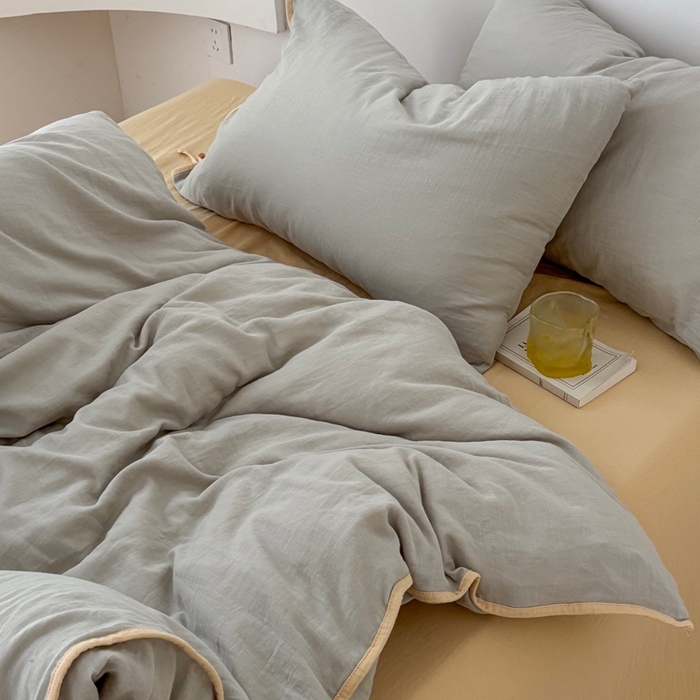 91家纺网 家纺一手货源 找家纺 FORTWO家纺原创设计（FOR TWO家纺） 2025新款双层纱撞色包边蝴蝶结款四件套-海盐 海盐-蜜豆绿