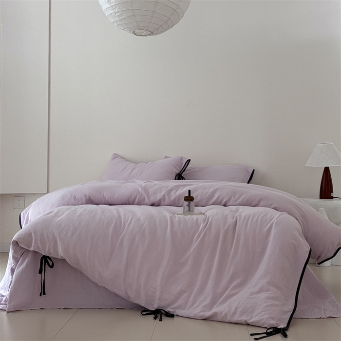 91家纺网 家纺一手货源 找家纺 FORTWO家纺原创设计（FOR TWO家纺） 2025新款双层纱撞色包边蝴蝶结款四件套-海盐 海盐-樱落紫