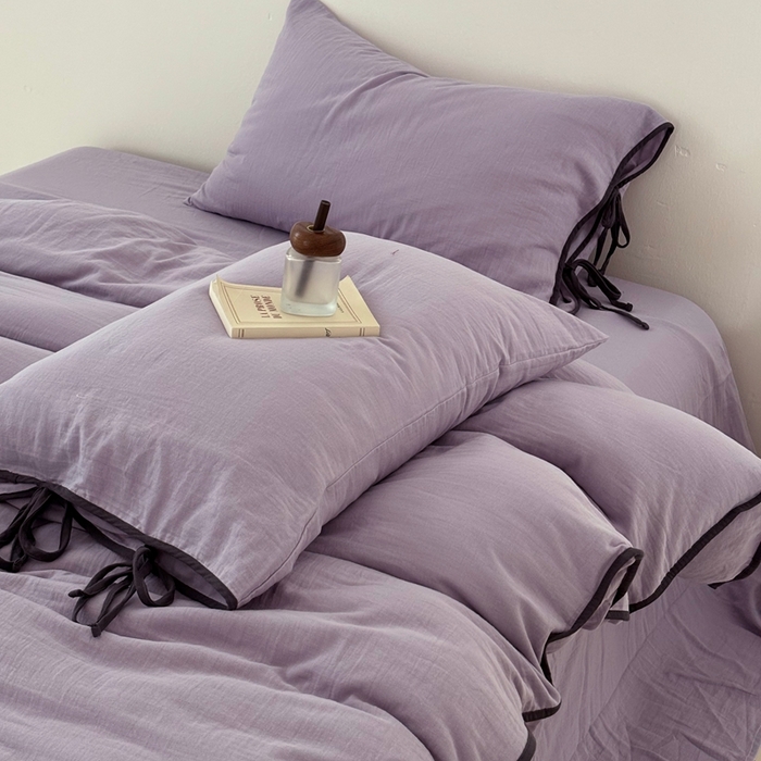 91家纺网 家纺一手货源 找家纺 FORTWO家纺原创设计（FOR TWO家纺） 2025新款双层纱撞色包边蝴蝶结款四件套-海盐 海盐-木槿紫