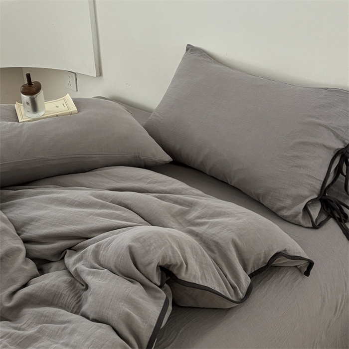 91家纺网 家纺一手货源 找家纺 FORTWO家纺原创设计（FOR TWO家纺） 2025新款双层纱撞色包边蝴蝶结款四件套-海盐 海盐-冰川灰