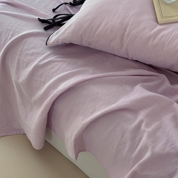 91家纺网 家纺一手货源 找家纺 FORTWO家纺原创设计（FOR TWO家纺） 2025新款双层纱撞色包边蝴蝶结款四件套-海盐 海盐-樱落紫