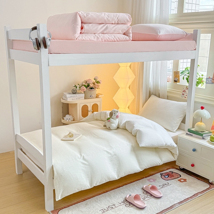 91家纺网 家纺一手货源 找家纺 麒东家纺 2025新款圆豆纱华夫格学生三件套 米白