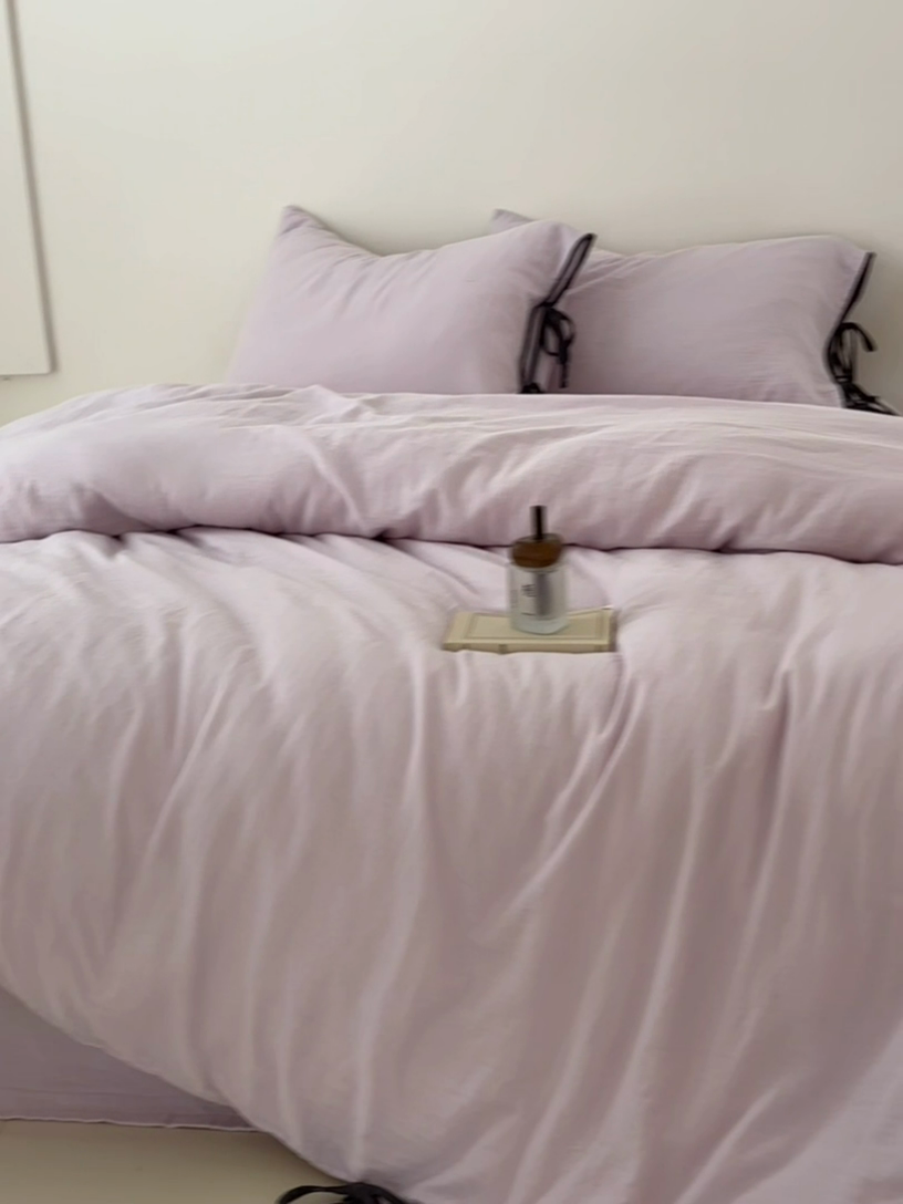 91家纺网 家纺一手货源 找家纺 FORTWO家纺原创设计（FOR TWO家纺） 2025新款双层纱撞色包边蝴蝶结款四件套-海盐 海盐-竹桃粉