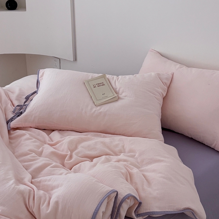 91家纺网 家纺一手货源 找家纺 FORTWO家纺原创设计（FOR TWO家纺） 2025新款双层纱撞色包边蝴蝶结款四件套-海盐 海盐-竹桃粉