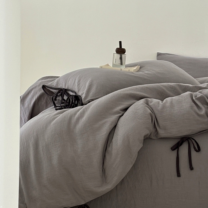 91家纺网 家纺一手货源 找家纺 FORTWO家纺原创设计（FOR TWO家纺） 2025新款双层纱撞色包边蝴蝶结款四件套-海盐 海盐-冰川灰