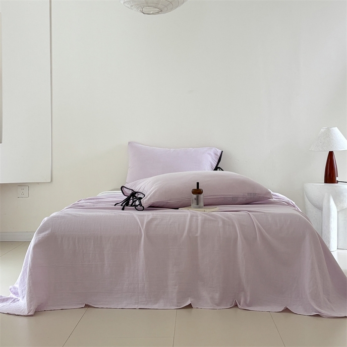 91家纺网 家纺一手货源 找家纺 FORTWO家纺原创设计（FOR TWO家纺） 2025新款双层纱撞色包边蝴蝶结款四件套-海盐 海盐-樱落紫