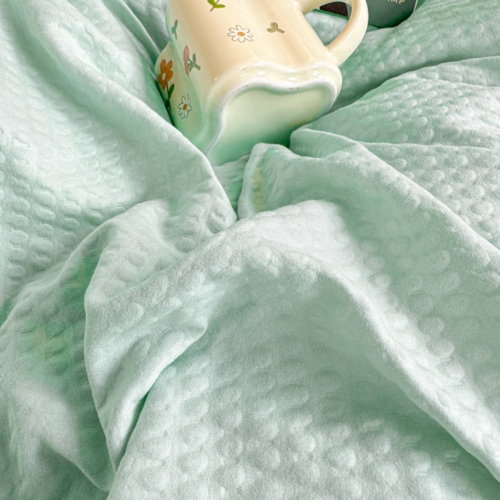 91家纺网 家纺一手货源 找家纺 麒东家纺 2025新款圆豆纱华夫格学生三件套 绿色