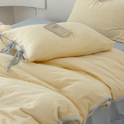 FORTWO家纺原创设计（FOR TWO家纺） 2025新款双层纱撞色包边蝴蝶结款四件套-海盐 海盐-香草黄