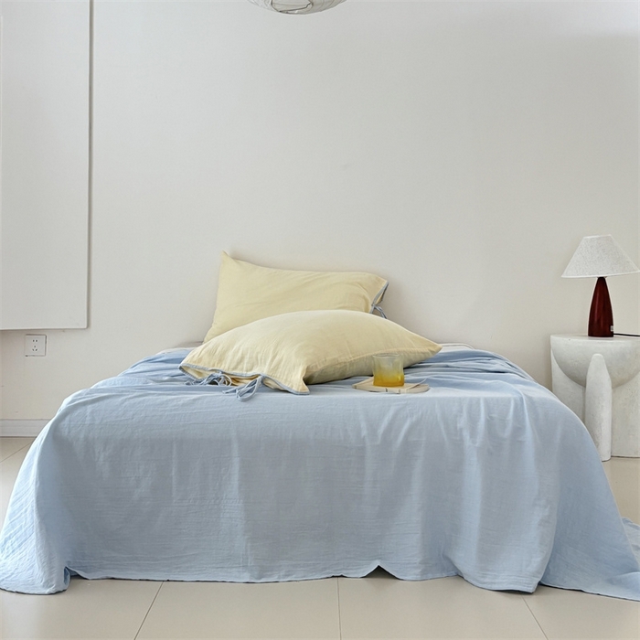 91家纺网 家纺一手货源 找家纺 FORTWO家纺原创设计（FOR TWO家纺） 2025新款双层纱撞色包边蝴蝶结款四件套-海盐 海盐-香草黄