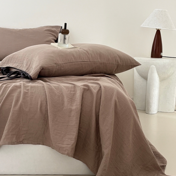 91家纺网 家纺一手货源 找家纺 FORTWO家纺原创设计（FOR TWO家纺） 2025新款双层纱撞色包边蝴蝶结款四件套-海盐 海盐-黑巧