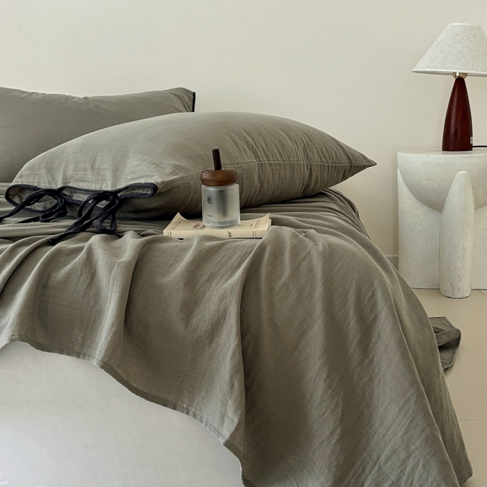 91家纺网 家纺一手货源 找家纺 FORTWO家纺原创设计（FOR TWO家纺） 2025新款双层纱撞色包边蝴蝶结款四件套-海盐 海盐-青石绿