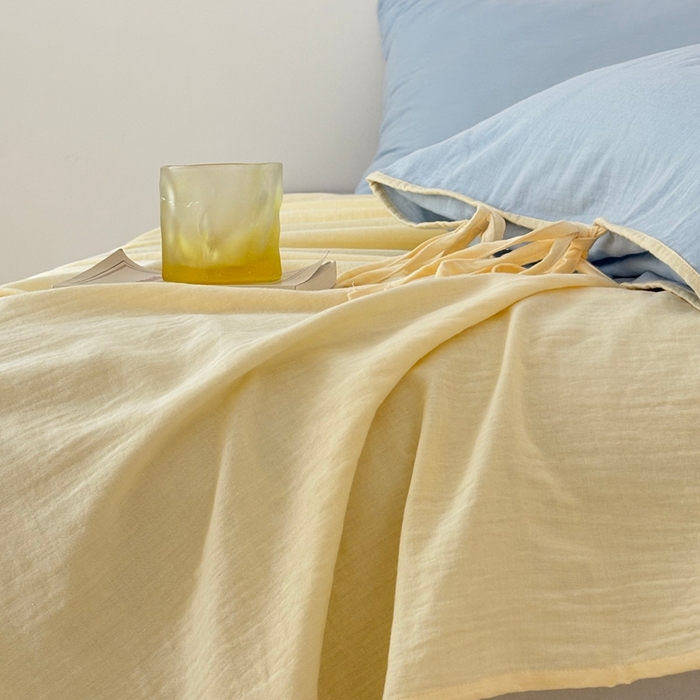 91家纺网 家纺一手货源 找家纺 （总）FORTWO家纺原创设计（FOR TWO家纺） 2025新款双层纱撞色包边蝴蝶结款四件套-海盐