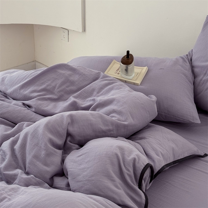 91家纺网 家纺一手货源 找家纺 FORTWO家纺原创设计（FOR TWO家纺） 2025新款双层纱撞色包边蝴蝶结款四件套-海盐 海盐-木槿紫