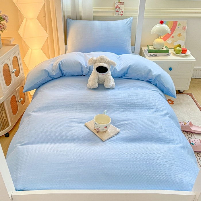 91家纺网 家纺一手货源 找家纺 （总）麒东家纺 2025新款圆豆纱华夫格学生三件套