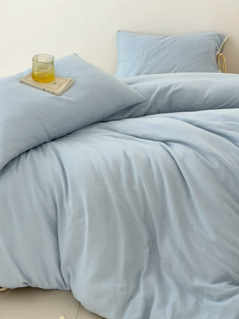 91家纺网 家纺一手货源 找家纺 （总）FORTWO家纺原创设计（FOR TWO家纺） 2025新款双层纱撞色包边蝴蝶结款四件套-海盐