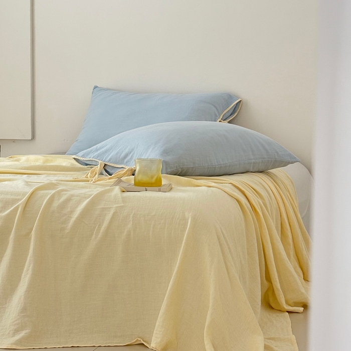 91家纺网 家纺一手货源 找家纺 FORTWO家纺原创设计（FOR TWO家纺） 2025新款双层纱撞色包边蝴蝶结款四件套-海盐 海盐-水蓝