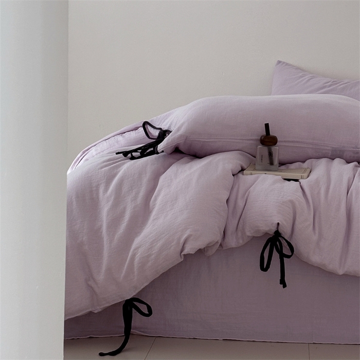 91家纺网 家纺一手货源 找家纺 FORTWO家纺原创设计（FOR TWO家纺） 2025新款双层纱撞色包边蝴蝶结款四件套-海盐 海盐-樱落紫