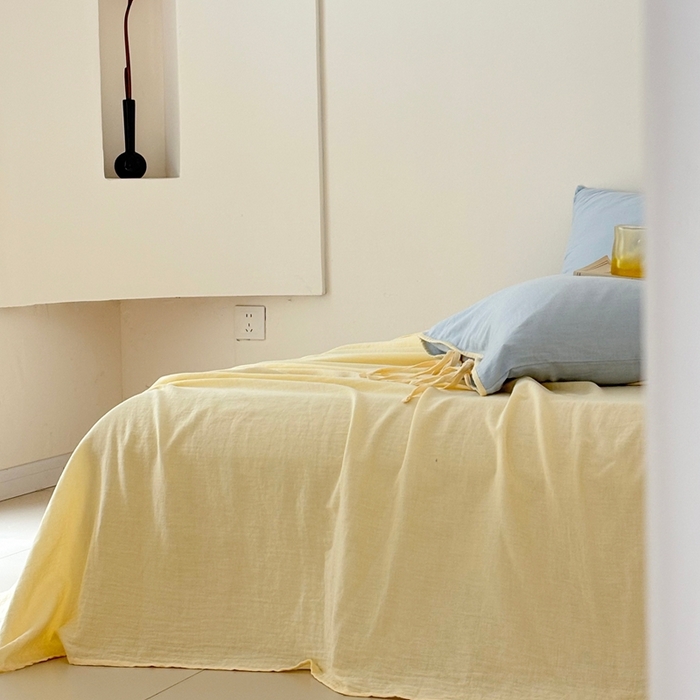 91家纺网 家纺一手货源 找家纺 FORTWO家纺原创设计（FOR TWO家纺） 2025新款双层纱撞色包边蝴蝶结款四件套-海盐 海盐-水蓝