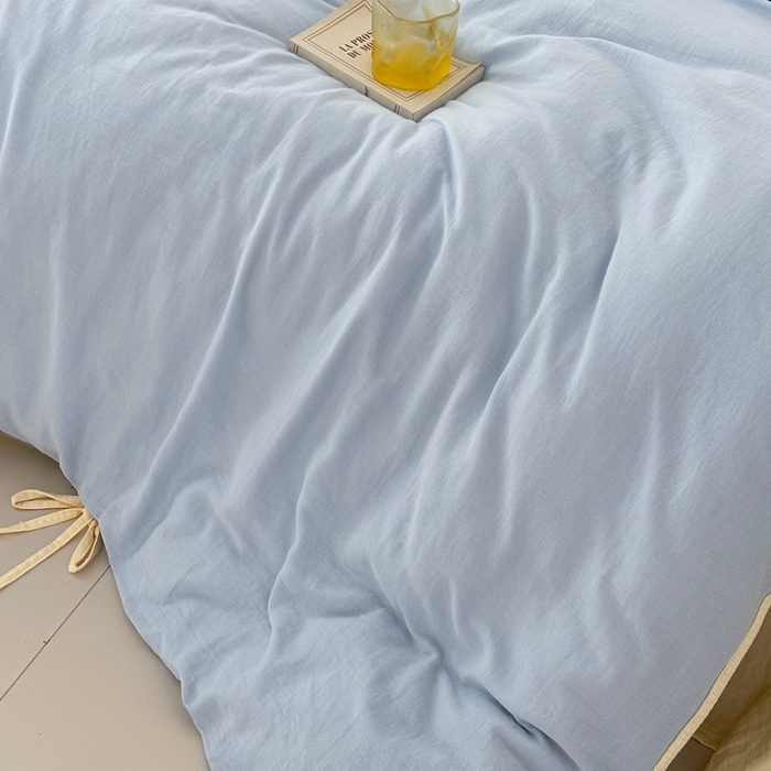 91家纺网 家纺一手货源 找家纺 （总）FORTWO家纺原创设计（FOR TWO家纺） 2025新款双层纱撞色包边蝴蝶结款四件套-海盐