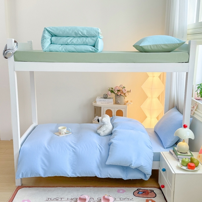 91家纺网 家纺一手货源 找家纺 （总）麒东家纺 2025新款圆豆纱华夫格学生三件套