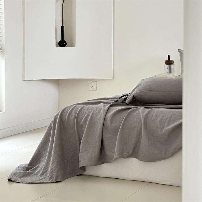 91家纺网 家纺一手货源 找家纺 FORTWO家纺原创设计（FOR TWO家纺） 2025新款双层纱撞色包边蝴蝶结款四件套-海盐 海盐-冰川灰