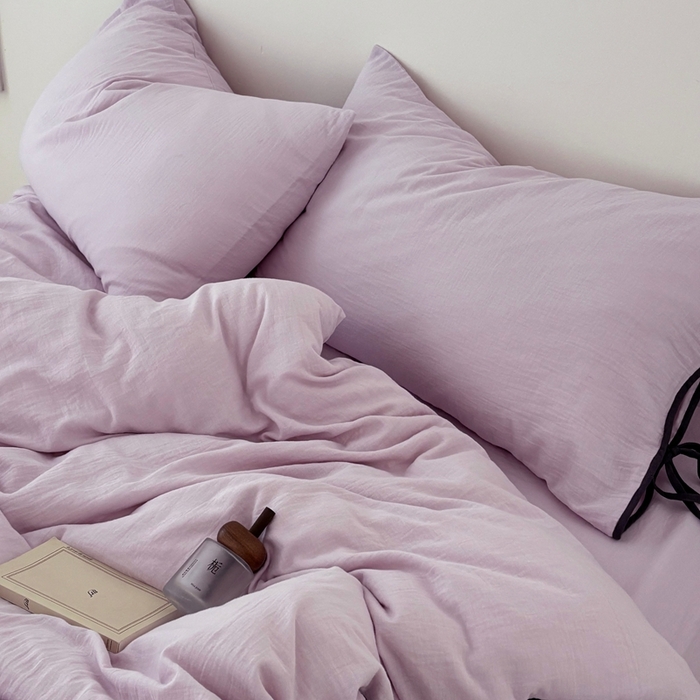 91家纺网 家纺一手货源 找家纺 FORTWO家纺原创设计（FOR TWO家纺） 2025新款双层纱撞色包边蝴蝶结款四件套-海盐 海盐-樱落紫