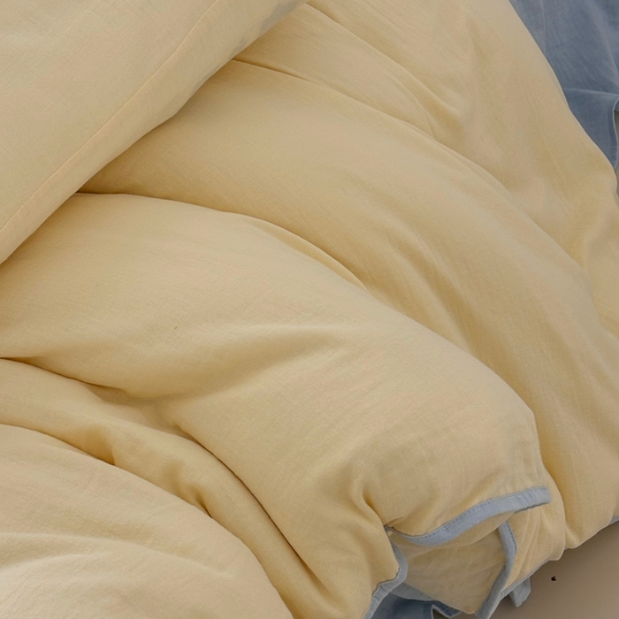 91家纺网 家纺一手货源 找家纺 FORTWO家纺原创设计（FOR TWO家纺） 2025新款双层纱撞色包边蝴蝶结款四件套-海盐 海盐-香草黄