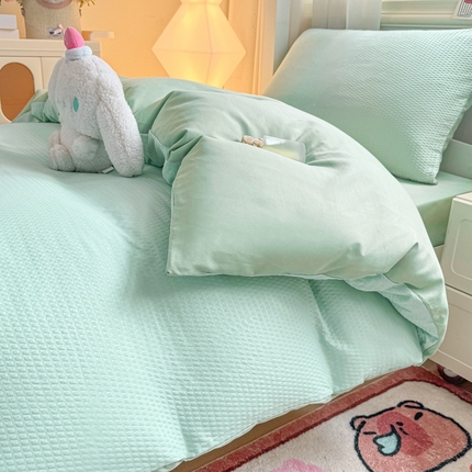 91家纺网 家纺一手货源 找家纺 （总）麒东家纺 2025新款圆豆纱华夫格学生三件套