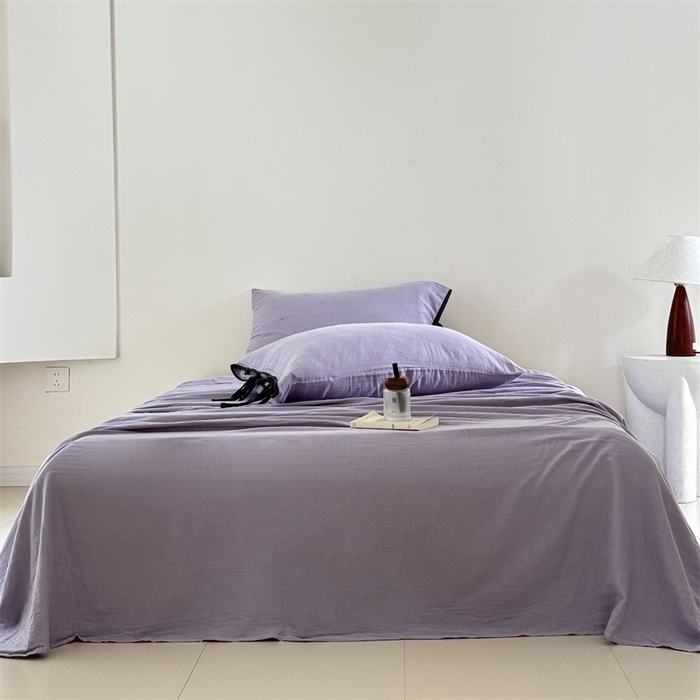 91家纺网 家纺一手货源 找家纺 FORTWO家纺原创设计（FOR TWO家纺） 2025新款双层纱撞色包边蝴蝶结款四件套-海盐 海盐-木槿紫