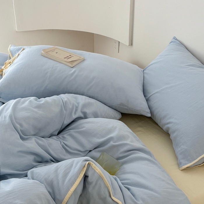 91家纺网 家纺一手货源 找家纺 FORTWO家纺原创设计（FOR TWO家纺） 2025新款双层纱撞色包边蝴蝶结款四件套-海盐 海盐-水蓝