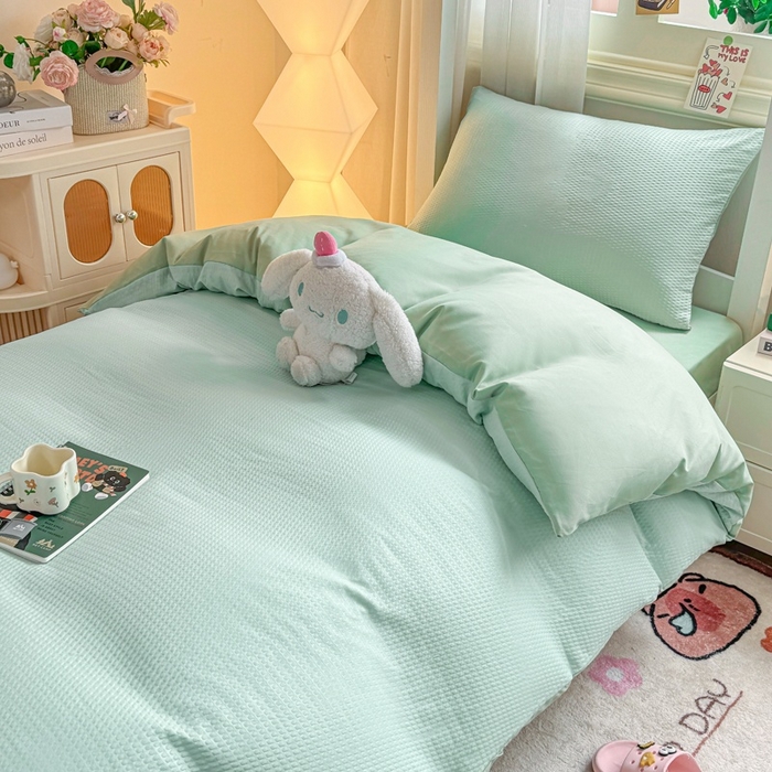 91家纺网 家纺一手货源 找家纺 麒东家纺 2025新款圆豆纱华夫格学生三件套 绿色