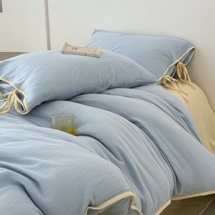 FORTWO家纺原创设计（FOR TWO家纺） 2025新款双层纱撞色包边蝴蝶结款四件套-海盐 海盐-水蓝