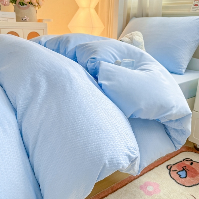 91家纺网 家纺一手货源 找家纺 （总）麒东家纺 2025新款圆豆纱华夫格学生三件套