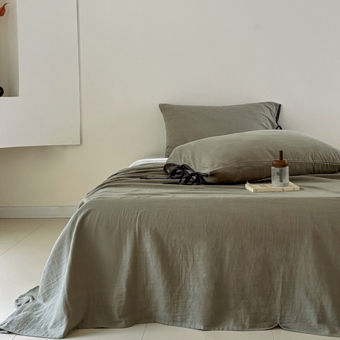 91家纺网 家纺一手货源 找家纺 FORTWO家纺原创设计（FOR TWO家纺） 2025新款双层纱撞色包边蝴蝶结款四件套-海盐 海盐-青石绿