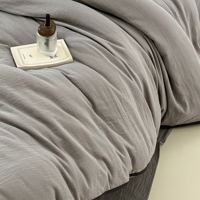 91家纺网 家纺一手货源 找家纺 FORTWO家纺原创设计（FOR TWO家纺） 2025新款双层纱撞色包边蝴蝶结款四件套-海盐 海盐-冰川灰