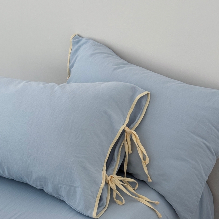 91家纺网 家纺一手货源 找家纺 FORTWO家纺原创设计（FOR TWO家纺） 2025新款双层纱撞色包边蝴蝶结款四件套-海盐 海盐-水蓝