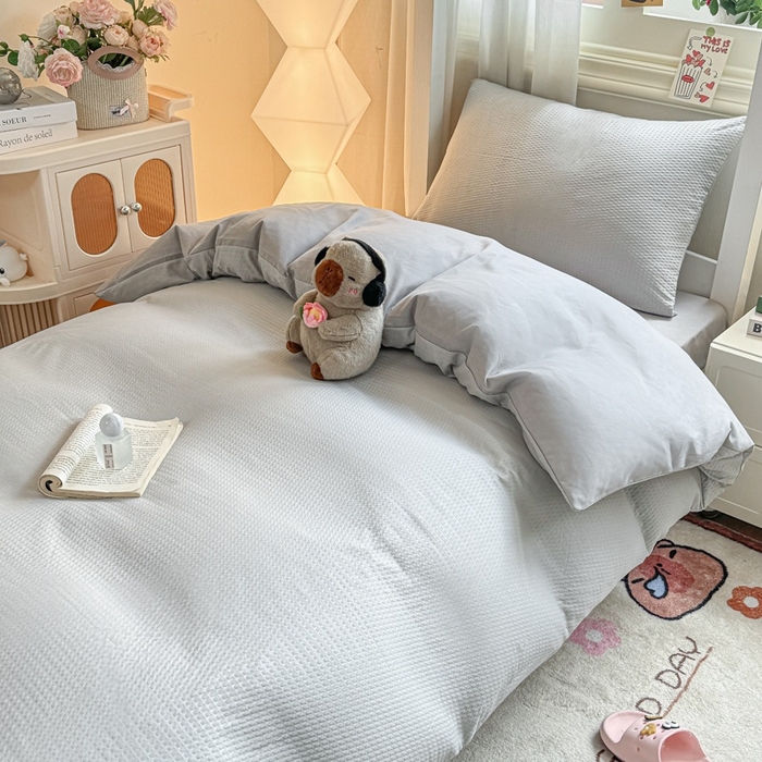 91家纺网 家纺一手货源 找家纺 麒东家纺 2025新款圆豆纱华夫格学生三件套 灰色