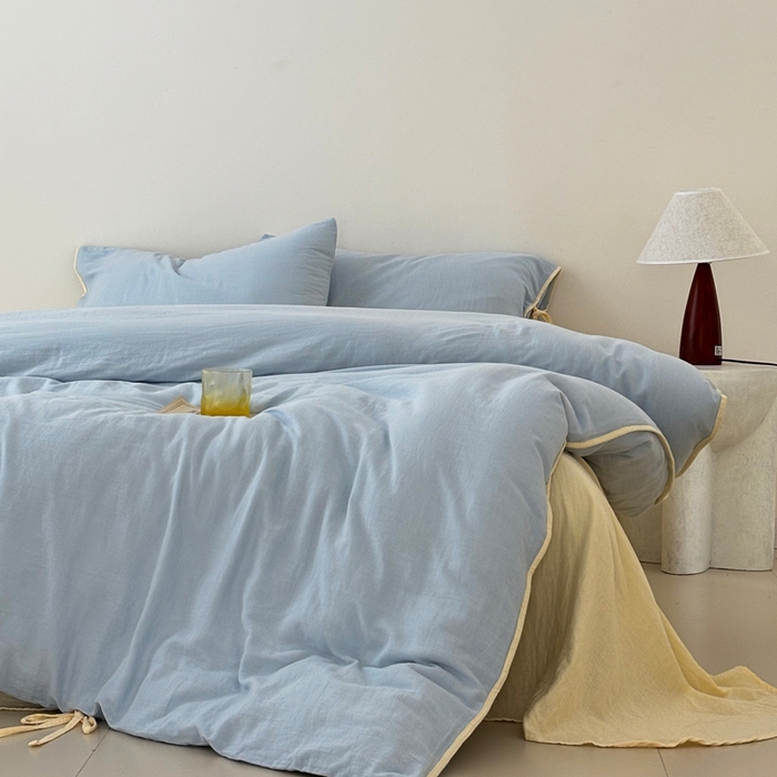 91家纺网 家纺一手货源 找家纺 FORTWO家纺原创设计（FOR TWO家纺） 2025新款双层纱撞色包边蝴蝶结款四件套-海盐 海盐-水蓝