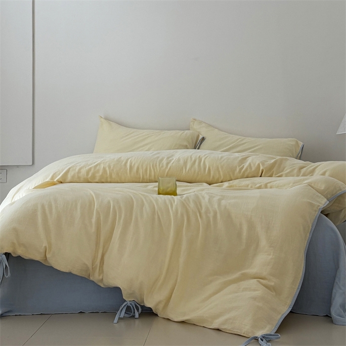 91家纺网 家纺一手货源 找家纺 FORTWO家纺原创设计（FOR TWO家纺） 2025新款双层纱撞色包边蝴蝶结款四件套-海盐 海盐-香草黄