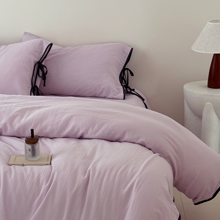 91家纺网 家纺一手货源 找家纺 FORTWO家纺原创设计（FOR TWO家纺） 2025新款双层纱撞色包边蝴蝶结款四件套-海盐 海盐-樱落紫