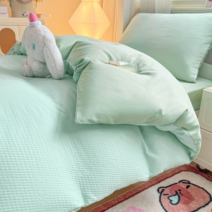 91家纺网 家纺一手货源 找家纺 麒东家纺 2025新款圆豆纱华夫格学生三件套 绿色