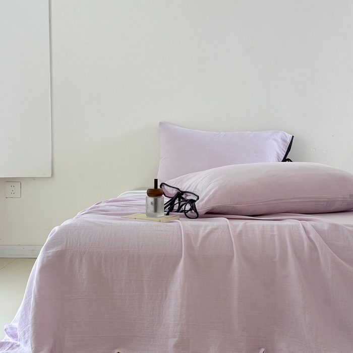 91家纺网 家纺一手货源 找家纺 FORTWO家纺原创设计（FOR TWO家纺） 2025新款双层纱撞色包边蝴蝶结款四件套-海盐 海盐-樱落紫