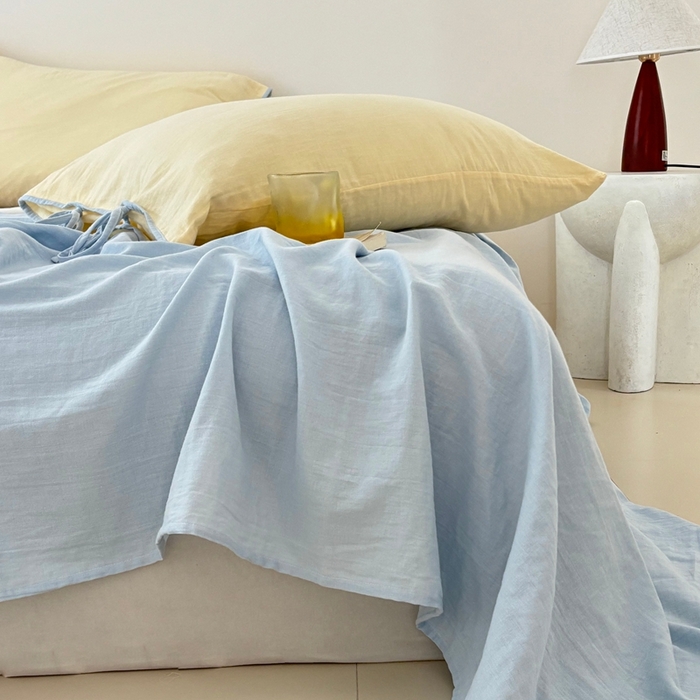 91家纺网 家纺一手货源 找家纺 FORTWO家纺原创设计（FOR TWO家纺） 2025新款双层纱撞色包边蝴蝶结款四件套-海盐 海盐-香草黄